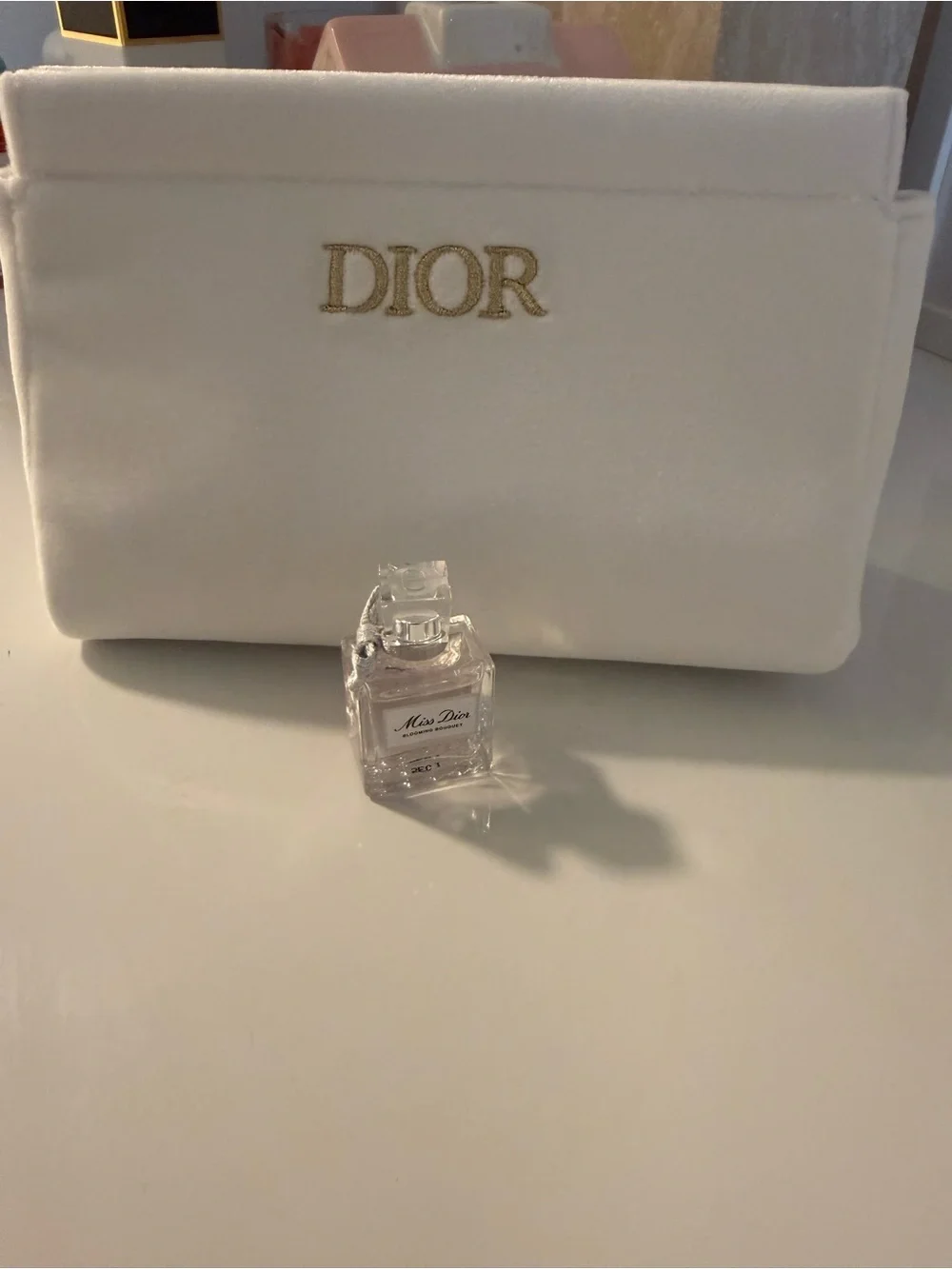 Dior White Cosmetic Pouch with Gold Embroidered Logo
